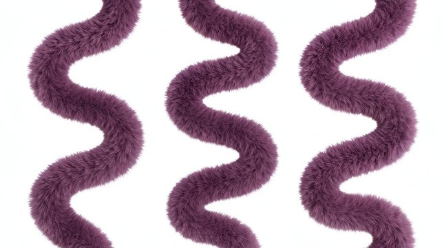 Three vertical wavy strips of purple faux fur fabric with a soft fuzzy texture isolated on a clean white background, for textile display