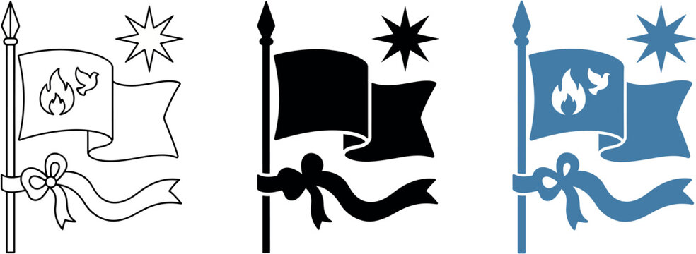 Flag with flame and dove symbol on a pole with ribbon