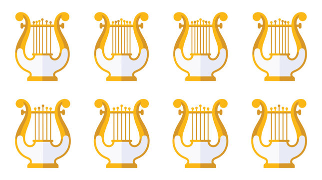 Set of eight golden lyre musical instruments with white base, ancient greek harp symbols, flat design elements on isolated background