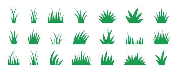 Fototapeta premium Collection of Grass Clumps. Various green grass clumps and tufts in different shapes and sizes, presented in a stylized, illustrative format.