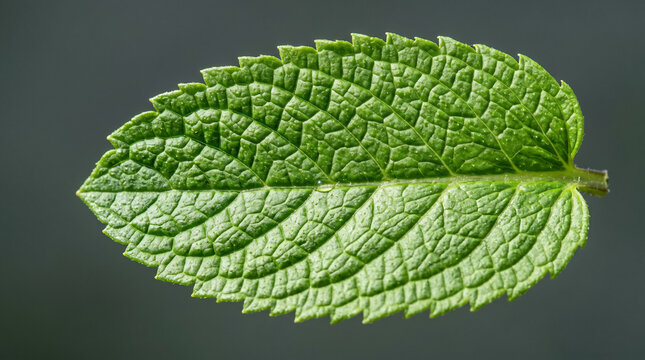 Detailed macro shot of a single textured green mint leaf on dark background