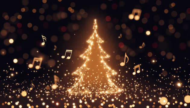 Glowing Christmas tree with music notes. Festive holiday 