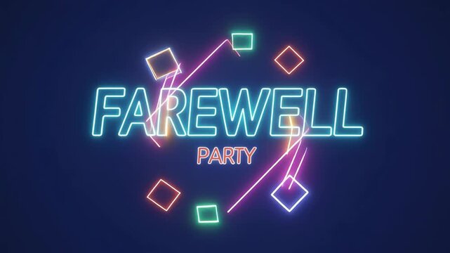Farewell party neon light sign with glowing geometric shapes