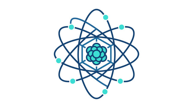 Stylized atomic structure icon representing nuclear physics, molecular science, and educational research concepts for school or laboratory use