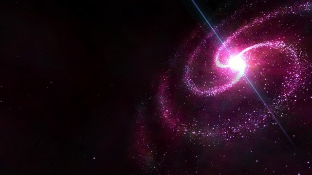 Pink spiral galaxy slowly rotating in deep space