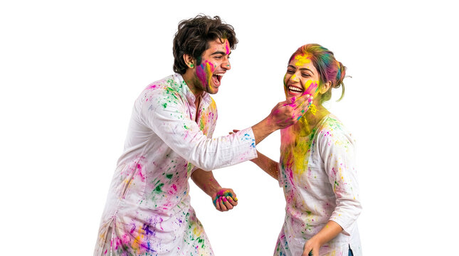 Holi festival celebration with happy couple, Indian man and woman playing with colorful powder, joyful people in traditional white kurta
