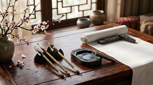 Traditional east asian calligraphy setup with cherry blossoms