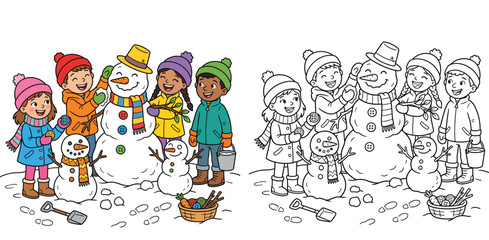 Fototapeta premium Kids building a snowman in winter