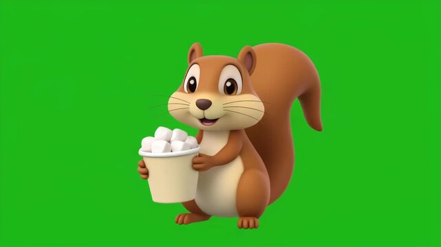 Cute cartoon squirrel holding ice cream cone on green screen background with cinematic motion for animation