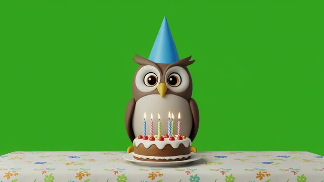 Cute Owl Figurine with Party Hat on Cake with Green Screen Background Cinematic Motion