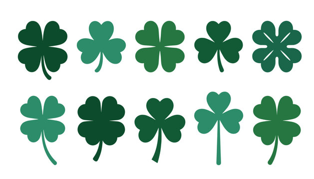 Green shamrock and four leaf clover vector set. Luck symbols, foliage shapes, saint patrick decoration.