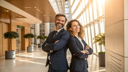 Fototapeta premium Professional business couple smiling confidently in modern office. Successful executives posing together in corporate lobby with natural light
