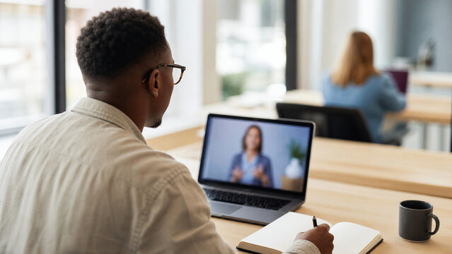 Adult learner attending remote instruction in modern classroom