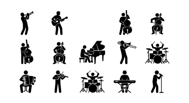 Musician Silhouettes: 15 Vector Icons for Music Performance, Band, and Orchestra