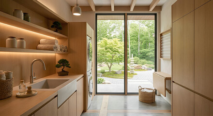 Fototapeta premium Zen-Style Laundry Room with Wood Accents and Garden View.A calm and minimalist laundry room with warm wood textures,floating shelves, and an inspiring view of a Japanese garden,perfect for modern home