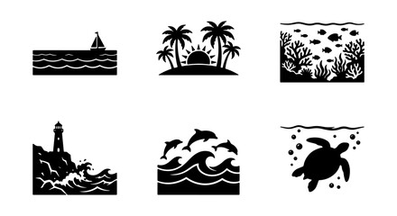 Obraz premium Ocean Life and Tropical Island Icons: Sea Creatures, Beach Scenes, Nautical