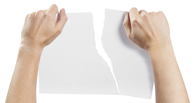 Hands tearing blank white paper sheet apart, isolated on transparent cutout background