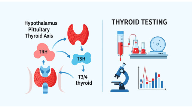Thyroid Function Infographic with HPT axis diagram and laboratory testing icons ideal for medical education and healthcare presentations.