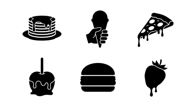 Food Icons Set: Pancakes, Ice Cream, Pizza, Candy Apple, Burger, Strawberry