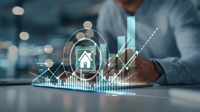 Businessman using tablet with house icon and financial growth chart, representing mortgage planning, home financing, property ownership and digital lending solutions