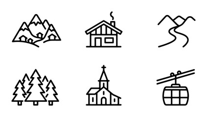 Mountain Village Icons, Alpine Scenery, Ski Resort Elements, Nature Landscape Graphics © MdParvej