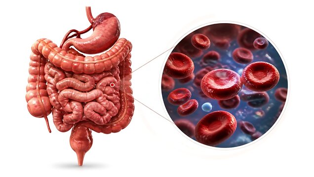 Human digestive system and red blood cells in magnified view