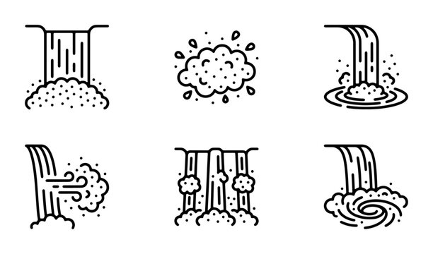 Waterfall Icons Set, Nature Element Graphics, Water Flow Symbols, Cascade Illustrations