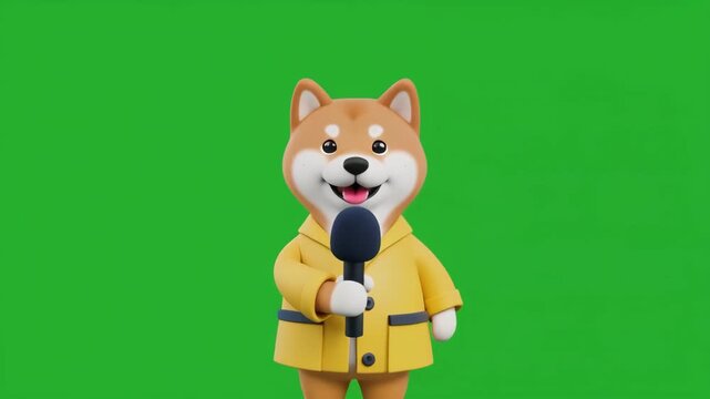 Shiba Inu character speaking into microphone during green screen presentation