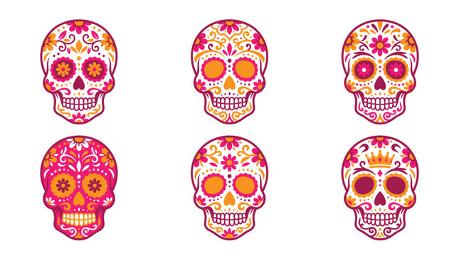 Set of six pixel art sugar skulls with intricate floral and decorative patterns in orange and pink, isolated on white