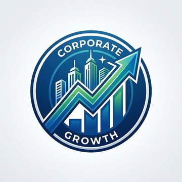 A corporate logo depicts a growing graph with buildings and an upward arrow, symbolizing business success and industry progress.