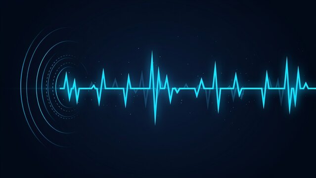 Glowing cyan heartbeat ekg line with concentric circular waves