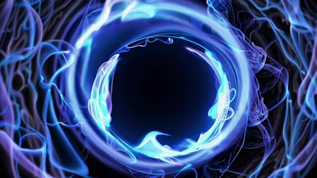 Blue swirling light patterns create a dynamic visual effect, showcasing a glowing orb at the center, with flowing energy waves surrounding it in a dark background