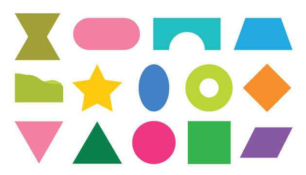 Geometric basic shape colorful vector element set. Abstract flat symbols, square, triangle, circle, star, mathematical forms, kids education building blocks and graphic design decoration.