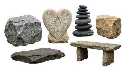 Fototapeta premium Set of stone garden elements, rocks, bench, and zen stones isolated on white background