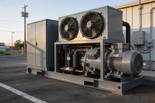 Industrial refrigeration unit with large fans and compressor on a concrete pad