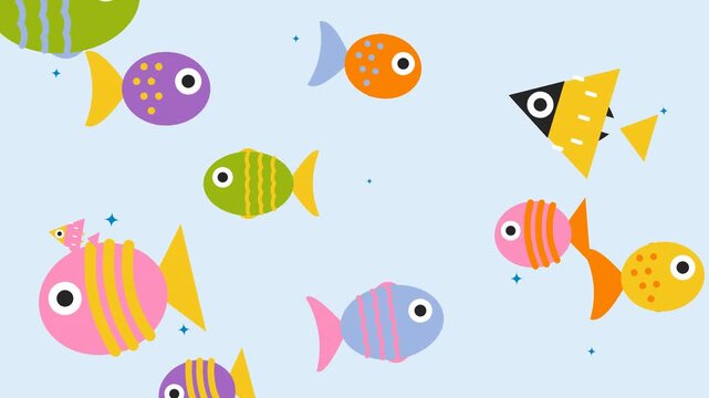 Animated colorful cartoon fish swimming across a light blue background in a playful style.