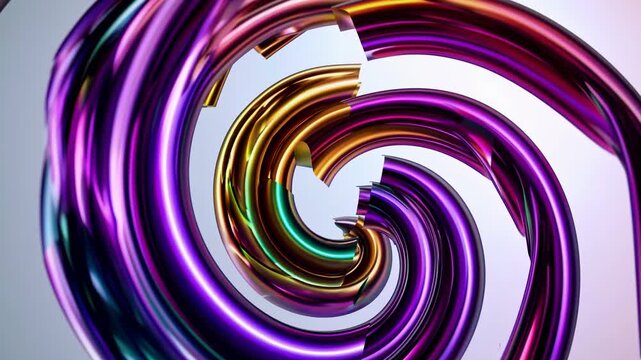 Colorful metallic spirals twisting and intertwining in a dynamic motion, showcasing vibrant hues of blue, green, gold, purple, and red against a smooth background