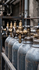 Fototapeta premium Close-up of industrial gas cylinders with valves arranged in a row, high-pressure metal tanks for compressed gas storage