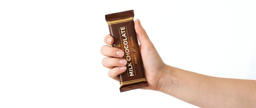 Hand holding milk chocolate bar snack food treat
