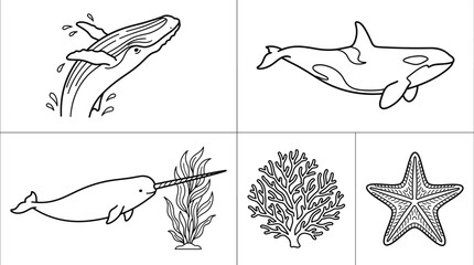 Marine Life and Whale Icon Set Featuring Breaching Humpback, Orca, Narwhal, Coral, and Detailed Starfish Line Art Vector Illustration for Sea Backgrounds © tofajjol studio