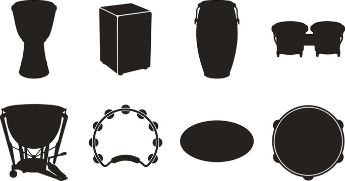 Black Silhouette Set of Hand Percussion Musical Instruments and Rhythm Icons Collection
