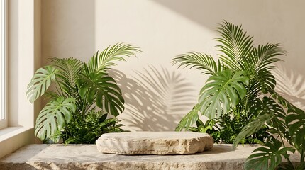 Fototapeta premium Tropical plant mockup for product display. Minimalist indoor greenery staging with natural light