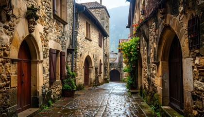 Fototapeta premium Ancient stone village street with rustic doors and plants.