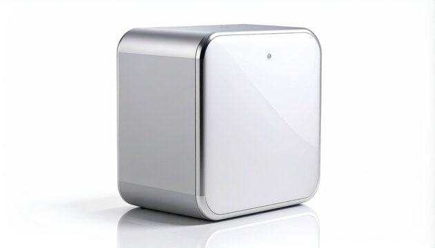 Sleek, silver, cube-shaped electronic device with rounded corners on a white background