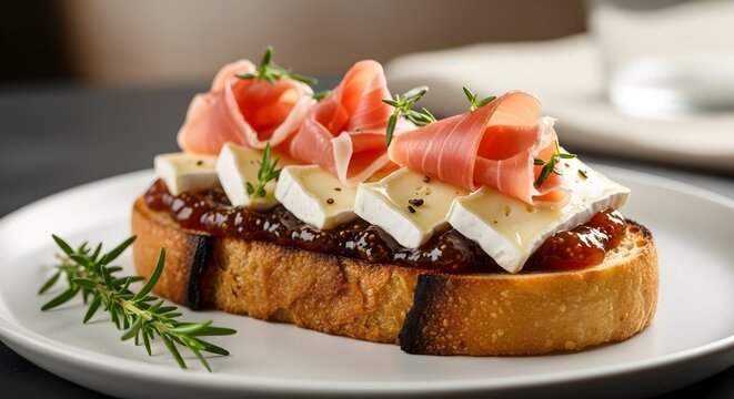 Gourmet bruschetta with brie cheese prosciutto and fig jam on white plate.