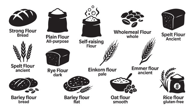 Bakery ingredients and flour types vector collection.