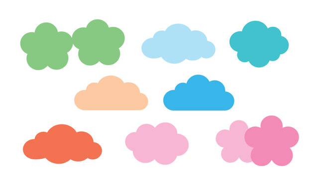 Minimalist colorful cloud and flower shape vector set. Flat pastel elements, fluffy cumulus clouds, nature, sky, weather icons, cute cartoon illustration and child decoration.