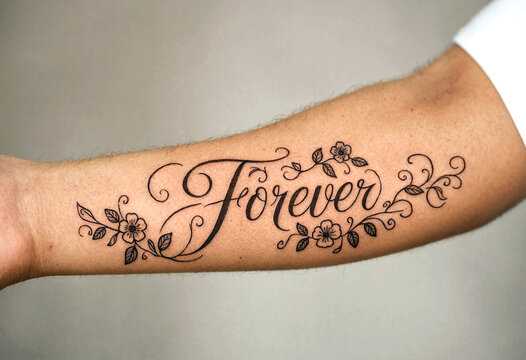 Beautiful forever tattoo design with elegant floral decorations on a human forearm