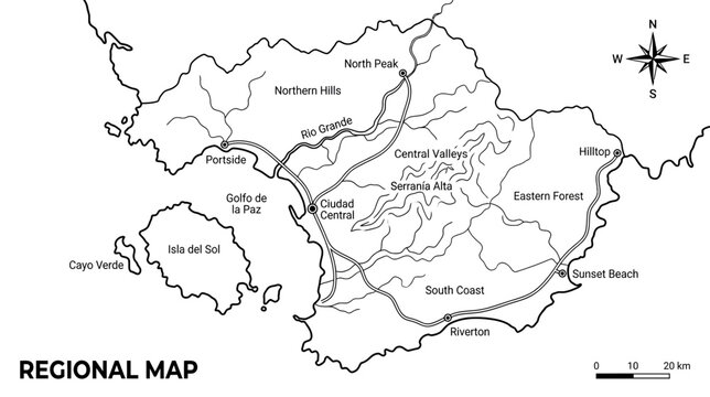 Regional Map of a Coastal Area with Islands, Hills, and Rivers