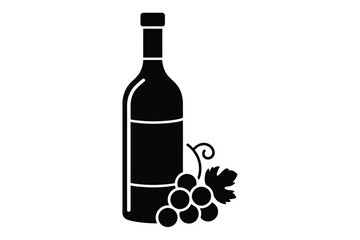 Obraz premium Black wine bottle vector icon with a bunch of fresh grapes and vine leaf isolated on a white background for winery branding and elegant emblem design